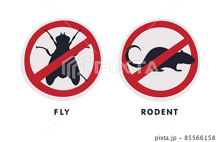 Fly and Rodent Red Warning or Prohibition Sign with Cross Line Vector Set Fly and Rodent Red Warning or Prohibition Sign with Cross Line Vector Set 85566158