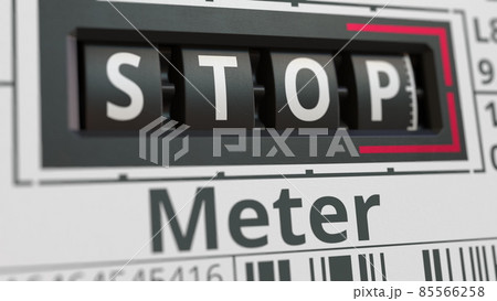 Analog counter or meter with STOP text. Conceptual 3D rendering 85566258