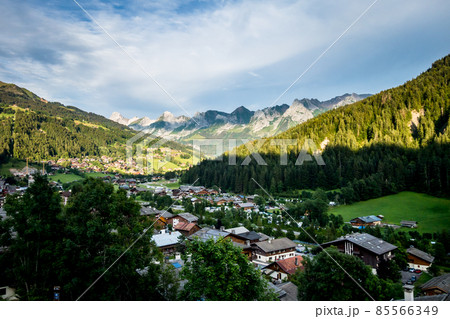 Sunset on The Grand-Bornand village and the Aravis mountain range 85566349