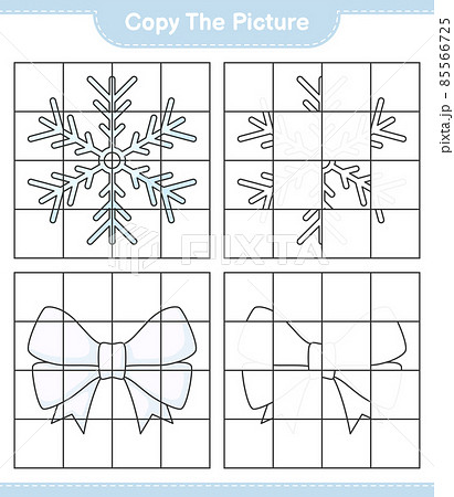 Copy the picture, copy the picture of Snowflake and Ribbon using grid lines. Educational children game, printable worksheet, vector illustration 85566725