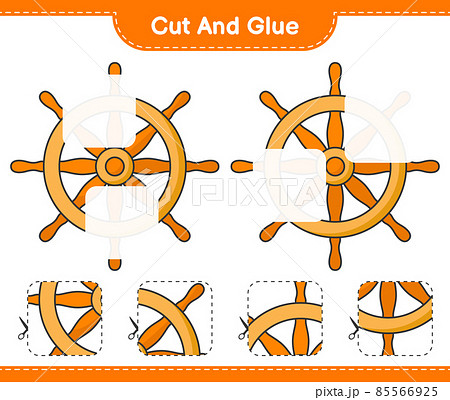 Cut and glue, cut parts of Ship Steering Wheel and glue them. Educational children game, printable worksheet, vector illustration 85566925