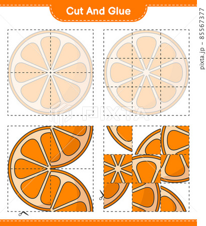 Cut and glue, cut parts of Orange and glue them. Educational children game, printable worksheet, vector illustration 85567377