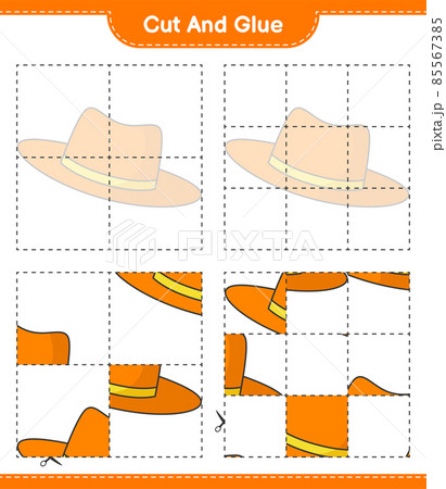 Cut and glue, cut parts of Summer Hat and glue them. Educational children game, printable worksheet, vector illustration 85567385