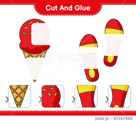 Cut and glue, cut parts of Ice Cream, Flip Flop and glue them. Educational children game, printable worksheet, vector illustration 85567880