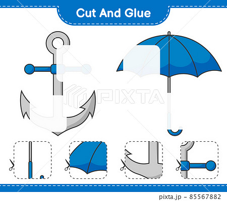 Cut and glue, cut parts of Umbrella, Anchor and glue them. Educational children game, printable worksheet, vector illustration 85567882