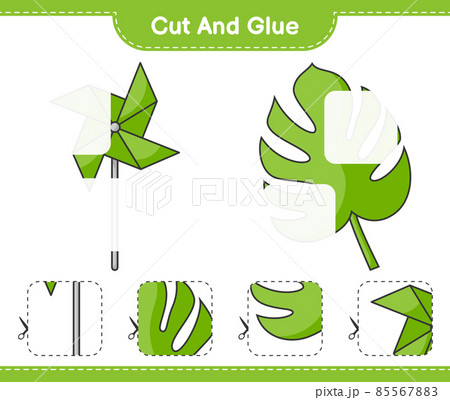 Cut and glue, cut parts of Monstera, Pinwheels and glue them. Educational children game, printable worksheet, vector illustration Cut and glue, cut parts of Monstera, Pinwheels and glue them. Educational children game, printable worksheet, vector illustration 85567883