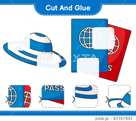 Cut and glue, cut parts of Summer Hat, Passport and glue them. Educational children game, printable worksheet, vector illustration Cut and glue, cut parts of Summer Hat, Passport and glue them. Educational children game, printable worksheet, vector illustration 85567892