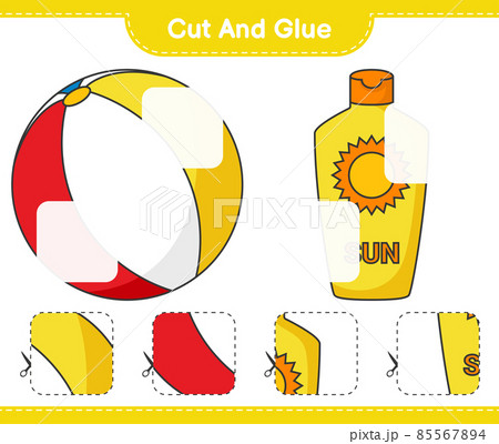 Cut and glue, cut parts of Sunscreen, Beach Ball and glue them. Educational children game, printable worksheet, vector illustration Cut and glue, cut parts of Sunscreen, Beach Ball and glue them. Educational children game, printable worksheet, vector illustration 85567894