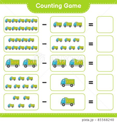 Count and match, count the number of Lorry and match with the right numbers. Educational children game, printable worksheet, vector illustration 85568240