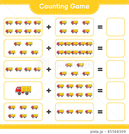 Count and match, count the number of Lorry and match with the right numbers. Educational children game, printable worksheet, vector illustration Count and match, count the number of Lorry and match with the right numbers. Educational children game, printable worksheet, vector illustration 85568309