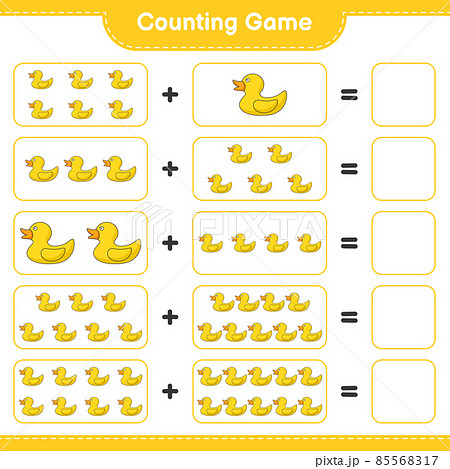 Count and match, count the number of Rubber Duck and match with the right numbers. Educational children game, printable worksheet, vector illustration 85568317