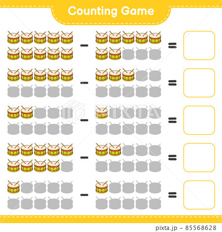 Count and match, count the number of Drum and match with the right numbers. Educational children game, printable worksheet, vector illustration Count and match, count the number of Drum and match with the right numbers. Educational children game, printable worksheet, vector illustration 85568628