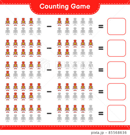 Count and match, count the number of Robot Character and match with the right numbers. Educational children game, printable worksheet, vector illustration 85568636