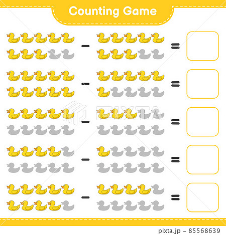 Count and match, count the number of Rubber Duck and match with the right numbers. Educational children game, printable worksheet, vector illustration 85568639