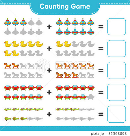 Count and match, count the number of Ufo, Plane, Whirligig Toy, Rubber Duck, Rocking Horse and match with the right numbers. Educational children game, printable worksheet, vector illustration 85568898