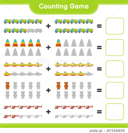 Count and match, count the number of Helicopter, Lorry, Pyramid Toy, Submarine, Teddy Bear and match with the right numbers. Educational children game, printable worksheet, vector illustration 85568899