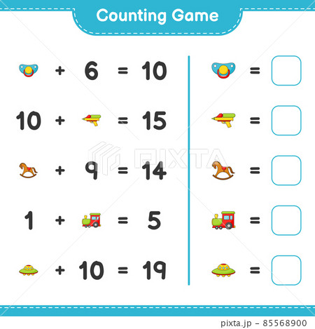 Count and match, count the number of Train, Ufo, Pacifier, Water Gun, Rocking Horse and match with the right numbers. Educational children game, printable worksheet, vector illustration Count and match, count the number of Train, Ufo, Pacifier, Water Gun, Rocking Horse and match with the right numbers. Educational children game, printable worksheet, vector illustration 85568900