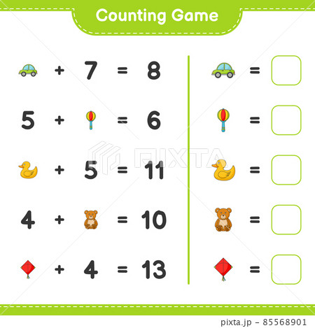 Count and match, count the number of Kite, Car, Baby Rattle, Rubber Duck, Teddy Bear and match with the right numbers. Educational children game, printable worksheet, vector illustration 85568901
