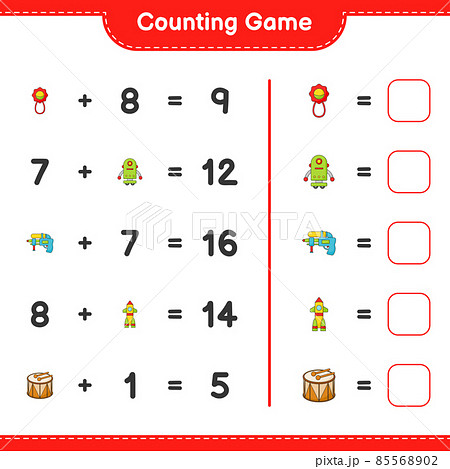 Count and match, count the number of Baby Rattle, Robot Character, Water Gun, Rocket, Drum and match with the right numbers. Educational children game, printable worksheet, vector illustration Count and match, count the number of Baby Rattle, Robot Character, Water Gun, Rocket, Drum and match with the right numbers. Educational children game, printable worksheet, vector illustration 85568902