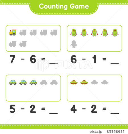 Count and match, count the number of Train, Robot Character, Car, Ufo and match with the right numbers. Educational children game, printable worksheet, vector illustration Count and match, count the number of Train, Robot Character, Car, Ufo and match with the right numbers. Educational children game, printable worksheet, vector illustration 85568955