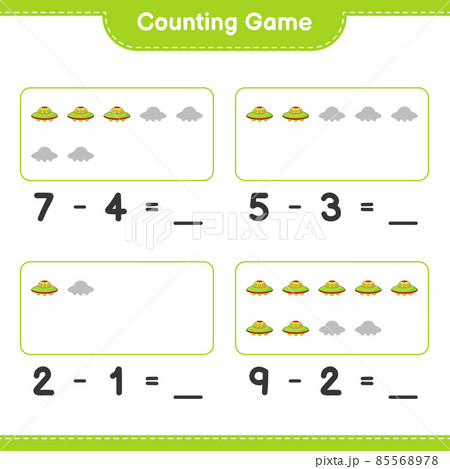 Count and match, count the number of Ufo and match with the right numbers. Educational children game, printable worksheet, vector illustration Count and match, count the number of Ufo and match with the right numbers. Educational children game, printable worksheet, vector illustration 85568978