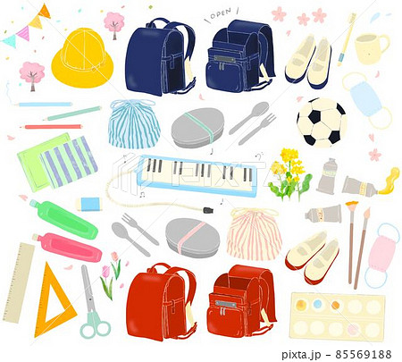 学校の入学式のかわいいグッズ手描きのオシャレなカラフルイラストセットベクター素材のイラスト素材