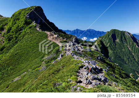 八ヶ岳連峰・横岳稜線を行く登山者と阿弥陀岳・南アルプスの眺め 85569554
