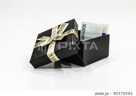 Gift box with euro money. Banknote with a nominal value of 100 euros 85570503