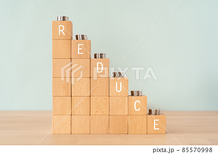 「REDUCE」と書かれた積み木とお金 85570998