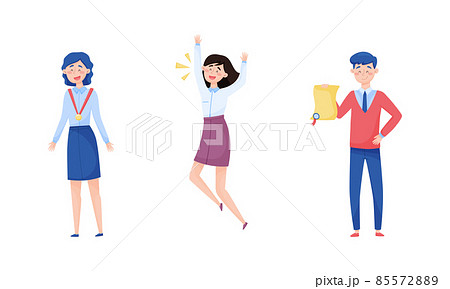 Excited Man and Woman Employee Cheering About Achievement and Prize Gaining Vector Set 85572889