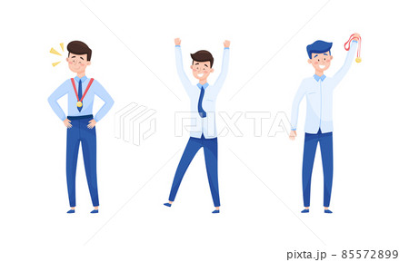 Excited Man Employee Cheering About Achievement and Prize Gaining Vector Set 85572899