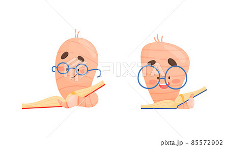 Cute Book Worm Character in Glasses with Book in Hard Cover Vector Set 85572902