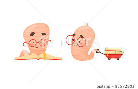 Cute Book Worm Character in Glasses Pulling Trolley with Book Stack Vector Set Cute Book Worm Character in Glasses Pulling Trolley with Book Stack Vector Set 85572903
