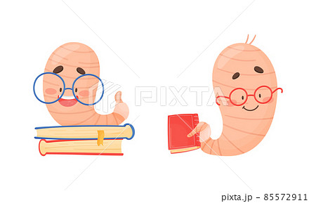 Cute Book Worm Character in Glasses with Book in Hard Cover Vector Set Cute Book Worm Character in Glasses with Book in Hard Cover Vector Set 85572911