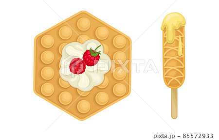 Waffle with Surface Impression Topped with Berry and Cream Vector Set Waffle with Surface Impression Topped with Berry and Cream Vector Set 85572933