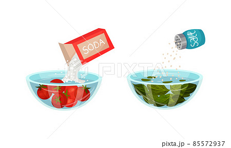 Salting Greenery and Pouring Soda in Bowl with Steeping Tomato as Vegetable Cooking Process Vector Set 85572937