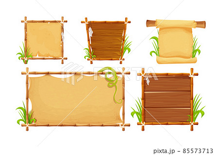 Set Frames from bamboo sticks, wooden planks, parchment paper decorated with rope, grass and liana in comic cartoon style isolated on white background. Border, jungle panel. Game asset, menu Set Frames from bamboo sticks, wooden planks, parchment paper decorated with rope, grass and liana in comic cartoon style isolated on white background. Border, jungle panel. Game asset, menu 85573713