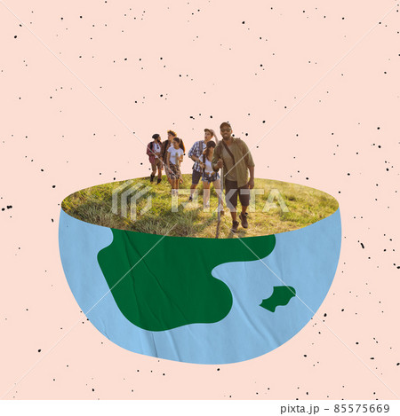 Tourists, group of young people strolling together outdoors, looking for interesting place for travel. Collage 85575669