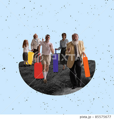 Contemporary artwork. Group of people of mixed ages leave planet in search of new life, opportunities. Global migration concept 85575677