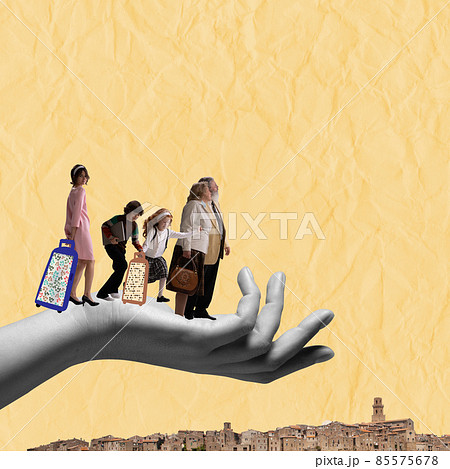 Contemporary artwork. Group of people of mixed ages leave planet in search of new life, opportunities. Global migration concept 85575678