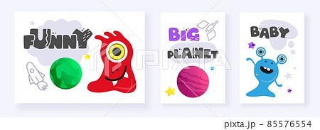 Funny Space Monster. Cute Alien, Planets, Rockets, UFOs. Postcards cards isolated on a white background. For souvenirs, textiles, office supplies. Vector illustration. Funny Space Monster. Cute Alien, Planets, Rockets, UFOs. Postcards cards isolated on a white background. For souvenirs, textiles, office supplies. Vector illustration. 85576554