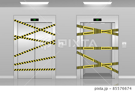 Realistic 3d broken elevators on repair with warning yellow tape. Broken elevators closed for repair or maintenance. Elevators with with closed, opened and half closed doors under repair realistic 85576674