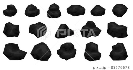 Cartoon mine coal pieces and piles. Charcoal lumps for fire, natural energy power production. Coal rocks vector set Cartoon mine coal pieces and piles. Charcoal lumps for fire, natural energy power production. Coal rocks vector set 85576678