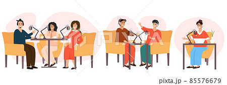 Internet radio podcast. Live streaming, broadcast flat vector illustration. Male and female social media network bloggers collaboration. Internet radio podcast. Live streaming, broadcast flat vector illustration. Male and female social media network bloggers collaboration. 85576679