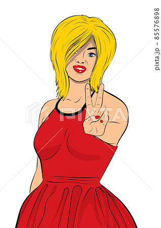 Girl in red with victory hand sign pop art 85576898
