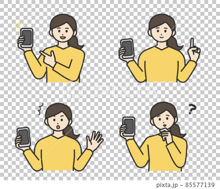 Illustration material of a young woman holding a mobile phone in one hand Illustration material of a young woman holding a mobile phone in one hand 85577139