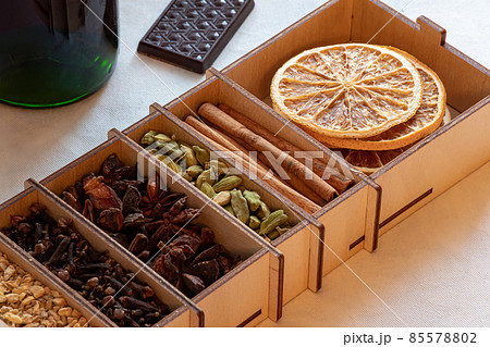 set of spices for mulled wine in a wooden box 85578802