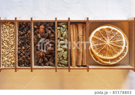 set of spices for mulled wine in a wooden box 85578803