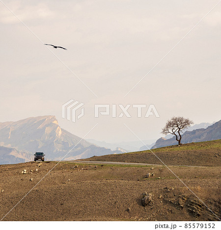 The road through the mountain desert. Minimalistic square look, travel concept. Morning mountain valley with a serpentine road. Car on a mountain serpentine. The road through the mountain desert. Minimalistic square look, travel concept. Morning mountain valley with a serpentine road. Car on a mountain serpentine. 85579152