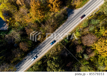Automobile road in a forest area, top view from a height 85579353